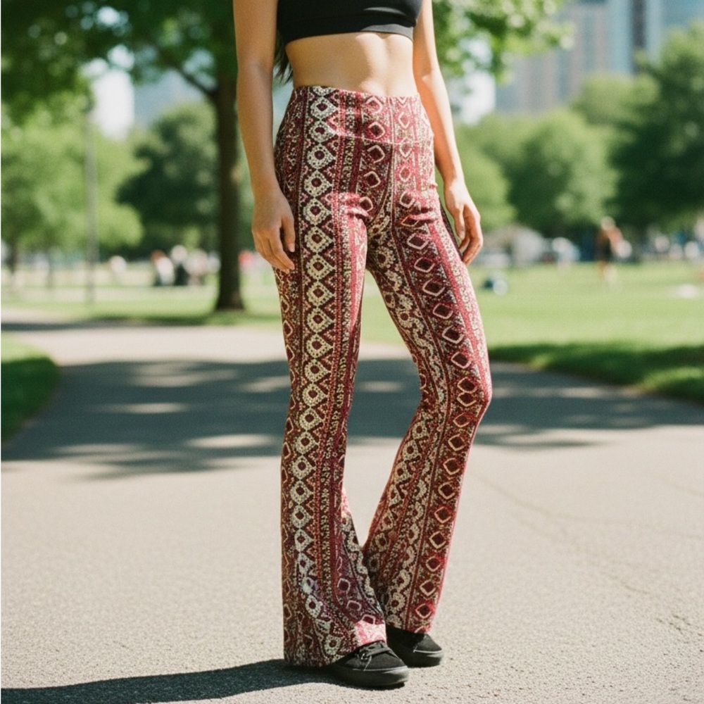RAGA Burgundy and White Patterned Flare Pants